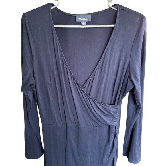 Modcloth Faux Wrap Dress L Blue Office Siren Minimalism Preppy Prep Feminine - Picture 3 of 10